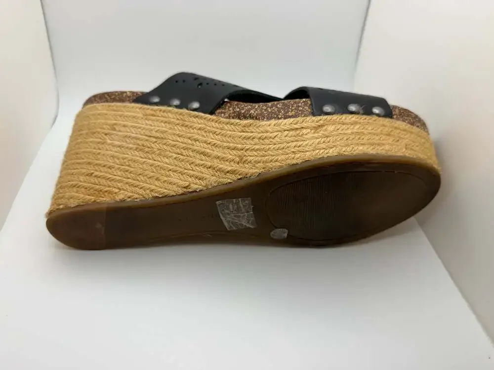 Lucky Brand Neeka Black Cutout Leather Espadrille Wedge Sandals
